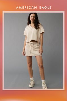 Super soft fleece slub/Elastic tie waist/This skirt is Real Good: Made with the planet in mind & a promise to continue to do better. Knit Mini Skirt, White Jeans Men, Athletic Fit Jeans, Jean Trends, Curvy Jeans, Loose Jeans, Do Better, Medium Wash Jeans, Women Denim Jeans