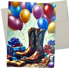 a card with a cowboy boot, balloons and presents on the ground in front of it