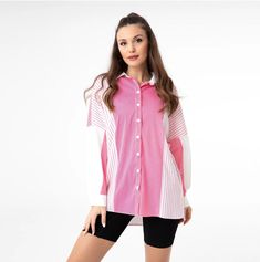 "This stylish striped shirt is guaranteed to make a statement! The pink collared shirt features long sleeves with a unique color block pattern to stand out from the crowd. Perfect for any day of the week. Ⓥ Every piece is carefully designed to become your forever favorite, so let us provide YOU with just that... your forever favorite! ★ PRODUCT DETAILS: Sleeve: Long Sleeve Neckline: Collared  Fit: Regualr / Slight Oversized Sheer: No ★ MATERIAL: 97% Polyester, 3% Elastan ★ SIZE & FIT: Size: S/M-L/XL Model Size: S, Height 5'2 , Bust 33.8'' , Waist 26'' , Hips 36'' ★ RETURNS AND REFUNDS: Buyers are responsible for return shipping costs. If the item is not returned in its original condition, the buyer is responsible for any loss in value. Contact me within: 14 days of delivery Ship items back Casual Collared Blouse With Vertical Stripes, Trendy Pink Spring Shirt, Trendy Long Sleeve Shirt With Striped Collar, Trendy Collared Shirt With Vertical Stripes, Trendy Pink Shirt For Spring, Spring Striped Tops With Collared Neckline, Trendy Pink Collared Top, Trendy Striped Collared Shirt, Pink Short Sleeve Top With Striped Collar