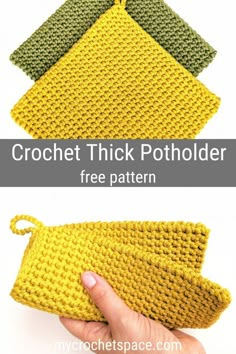 crochet thick potholder pattern is shown in three different colors