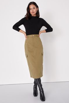 Your aesthetic will always be exceptional when you've got the Lulus Stylish Expression Olive Green Utility Midi Skirt! Stretchy woven fabric shapes this on-trend skirt that has a high waist, belt loops, and a hidden zip fly with top button closure. Skirt boasts two utility pockets at the sides, finishing at a midi hem. Kick pleat at back. Fit: This garment fits true to size. Length: Mid-calf length. Size medium measures 32" from waist to hem. Waist: Fitted - very fitted at natural waist. Hip: Lo Olive Green Skirt, Midi Skirt With Pockets, Utility Skirt, Midi Skirt Outfit, Khaki Skirt, Lulu Fashion, Kick Pleat, Women Long Sleeve Tops, Womens Long Sleeve Shirts