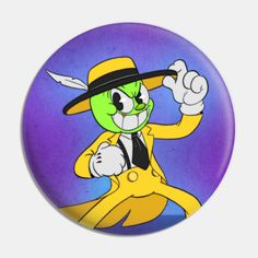 a cartoon character wearing a yellow suit and black hat with one hand in the air