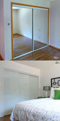 New White Glass Sliding Closet Doors in the Bedroom! Sliding Mirror Closet Doors, Closet Organization Bins, Frameless Sliding Doors, Glass Closet Doors, Closet Door Makeover, Glass Closet, Mirror Closet Doors, Sliding Closet, Sliding Closet Doors