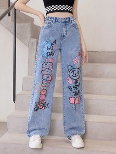 Light Wash  Collar  Denim Cartoon,Letter Straight Leg Embellished Non-Stretch  Teen Girls Clothing Graffiti Outfit, Cute Jeans Outfit, Graffiti Jeans, Jeans Print, Baggy Jeans For Women, Cute Outfits With Jeans, Casual Outfits For Teens, Cute Dress Outfits