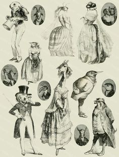 an old fashion illustration shows people dressed in fancy clothing and hats, with different types of clothes