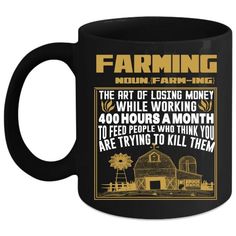 a black coffee mug with the words farming on it