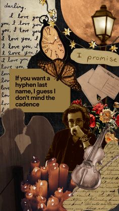 a collage with an image of a man holding a violin and writing on it