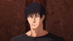 an anime character with black hair wearing a black t - shirt and standing in front of a brown wall