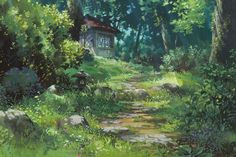 a painting of a small cabin in the woods with rocks and grass on either side