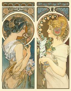 two art nouveauist posters depicting women in white dresses, one holding flowers and the other wearing