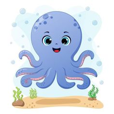 an octopus is swimming in the water with bubbles and algaes around it's feet