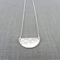 "Silver Half Moon Necklace | Hammered Half Circle Necklace | Sterling Silver Festoon Pendant | Handcrafted Geometric 925 Jewelry My silver half moon necklace features a hand hammered half circle festoon style pendant on a silver cable chain. All materials are .925 US-procured sterling silver. The hammered half circle is attached directly to the chain and is measured as part of the total length of the chain. I have 3 options for lengths available to select at checkout. The model is wearing an 18\ Nickel Free Half Moon Silver Necklace, Nickel-free Silver Half Moon Necklace, Nickel-free Silver Half-moon Necklace, Silver Half Moon Necklaces For Jewelry Making, Silver Half Moon Necklace For Jewelry Making, Sterling Silver Moon Necklace Nickel Free, Nickel Free Moon Shaped Sterling Silver Necklace, Sterling Silver Nickel-free Moon Necklace, Minimalist Silver Half Moon Necklace