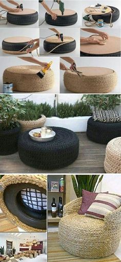 several pictures of different types of furniture made out of tires and wickers,