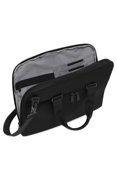 Slim and well-organized, this briefcase delivers all the classic features your day demands but in a sleek profile. 11 3/4"H x 15 1/2"W x 2"D Top zip closure Top carry handle; removable, adjustable shoulder strap Exterior zip and magnetic-flap pockets Interior zip, wall and smartphone pockets Padded compartment fits most laptops Nylon Imported Business Laptop Bag With Zipper Pocket, Rectangular Briefcase With Zipper For Business Trips, Rectangular Laptop Bag With Zipper Pocket For Business, Rectangular Business Briefcase With Zipper Pocket, Business Briefcase With Zipper Pocket, Business Laptop Bag Satchel With Zipper Pocket, Modern Laptop Bag With Zipper Pocket For Work, Functional Laptop Bag With Zipper For Business Trips, Functional Satchel Briefcase For Work