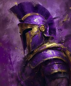 a painting of a man wearing a purple helmet with gold accents on his face and shoulders