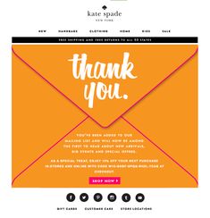 the website for kate spade's thank you campaign, which features an orange envelope with white