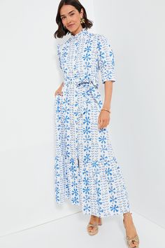 Floral Vine Blue Marni Maxi Dress Blue Cotton Maxi Dress With Floral Embroidery, Cotton Floral Print A-line Maxi Dress, Spring Floral Print Non-stretch Maxi Dress, Floral Embroidered Maxi Dress For Beach Cover-up, Borgo De Nor, Non-stretch Blue Floral Print Dress, Marni Dress, Ruffled Collar, Blue And White Dress