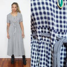 adorable vintage 90s blue and white checkered gingham maxi dress featuring a scoop neck, short sleeves, adjustable drawstring empire waistline, textured fabric and zippered back - unlined = = = DESCRIPTION = = = BRAND: Betseys Things LISTED SIZE: 10 MATERIAL: 53% acetate, 47% rayon COLORS: navy blue & white FLAWS: - CONDITION: very good vintage condition = = MEASUREMENTS = = (taken while garment is flat, please double) SHOULDER TO SHOULDER: 17 inches BUST: 18 inches  WAIST: 17 inches HIPS: free Plaid Maxi Dress, Empire Waistline, Empire Dress, Dress Clothes For Women, Drawstring Waist, Gingham, Vintage 90s, Blue White, Dress Outfits