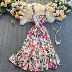 Seaside holiday dress, goddess dress, flounces big floral Halter Dress Casual, Dress Goddess, Purple Evening Gowns, Floral Print Dresses, Ruffle Summer Dress, Short Beach Dresses, Beach Dress Summer, Vintage Long Dress, Night Club Dress