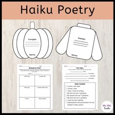 the haiku poetry worksheet is shown with two pumpkins and one paper