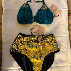 Nwt Beautiful Sequined Bikini Top And Bottom By Roberto Cavelli. Size Medium. Roberto Cavalli, Womens Swim, Color Blue, Swimming, Lingerie, Size Medium, Women Shopping, Gold, Blue