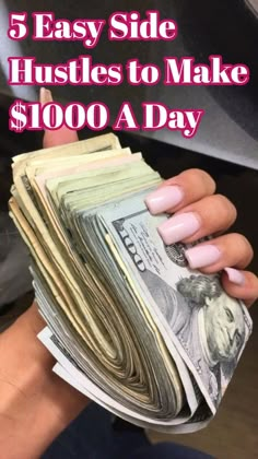 a woman holding money in her hand with the words 5 passive income ideas to make $ 200