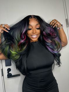 Black Root Colored Hair, Black Wig With Colorful Highlights, Black And Color Highlights, Blonde Colorful Highlights, Colored Bobs Black Women, Two Tone Wigs Black Women, Birthday Wig Colors, Wig Ideas Black Women Color, Black Hair With Color Highlights