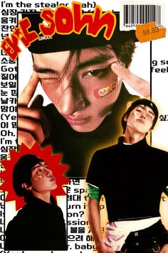 an advertisement featuring two men with piercings on their ears and one wearing a black t - shirt