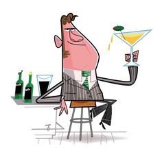 a cartoon man sitting at a bar holding a martini