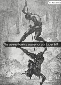 a man on top of a mountain holding a pole with the caption, the greatest battle is against our own lower self