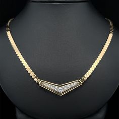 -Stone(s)- (9) Natural Genuine Diamond - Round Brilliant Cut - Prong Set -  Brilliant White Diamonds - 0.56ctw (approx.) Material: Solid 18k Yellow Gold Weight: 21.48 Grams Chain Type: 17" - 3.55mm Flat "S" Link  - Spring Ring Clasp Chevron Height: 12.70mm (0.50") (approx.) Chevron Width: 33.86mm (1.33") (approx.) Chevron Thickness: 3.68mm (at center) Condition: Vintage, excellent condition! Stock Number: JO-780137131-PAR Montclair Nj, Link Chain Necklace, Chain Link Necklace, Round Brilliant Cut, Spring Rings, Link Chain, Diamond White, Prong Setting, Chains Necklace