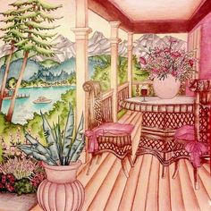 this is a painting of a porch with flowers and plants on the table next to it