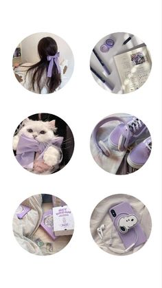 several pictures of different items in purple and white