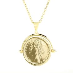 Add some Italian sophistication to your look with this beautiful genuine Lira coin in a unique reversible pendant. Crafted in 18K yellow gold over bronze with a hammered and polished finish that creates an unorthodox look with a luxurious flair. This pendant features a reversible genuine 100 lira coin for a look of two necklaces in one. This also comes on an 18"  Forzatina chain with 2" extender that allows for versatility on your neckline. Necklace Clasps, Coin Ring, Coin Jewelry, Coin Pendant, Coin, Jewelry Plate, Spring Rings, Jewelry Pieces, Platinum