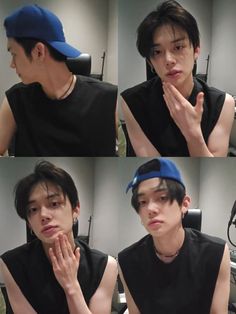 four different pictures of a man in black shirt and blue hat with his hands on his face