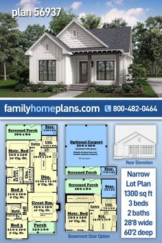 two story house plan with 3 bedroom and 2 bathes in the front, an open floor