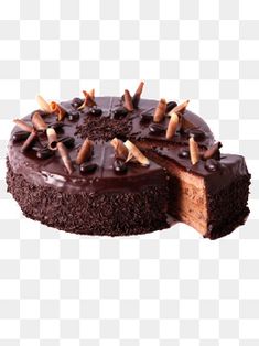 a chocolate cake with one slice missing from it, on a white background png