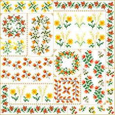 cross stitch patterns with flowers and leaves on white fabric, including the center flower arrangement