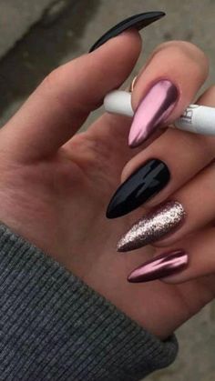 Pointed Almond Nail Designs, Dark February Nails, January Stiletto Nail Designs, Almond Nails Designs Edgy, Almond Nails Winter Colors 2023, Almond Nails Solid Color Winter, Nail Designs With Chrome Powder, January Nails Almond Shape, Almond Nails Designs January