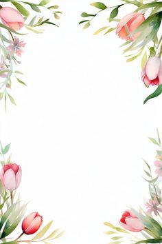 an artistic floral frame with pink flowers and green leaves on a white background for text or image