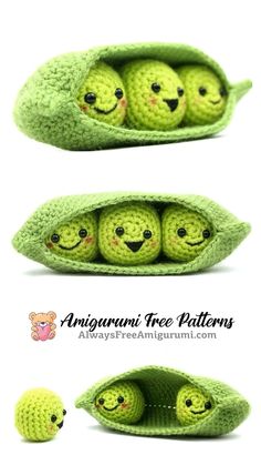 crocheted peas with smiling faces in the pod