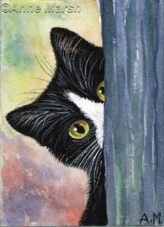 a painting of a black and white cat peeking out from behind a tree with yellow eyes