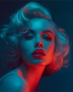 a woman with blonde hair and blue eyes is posing for a photo in neon light