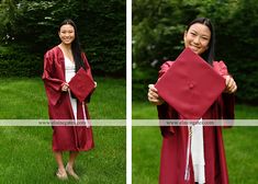 two pictures of a woman in graduation gowns holding a red stole and smiling at the camera