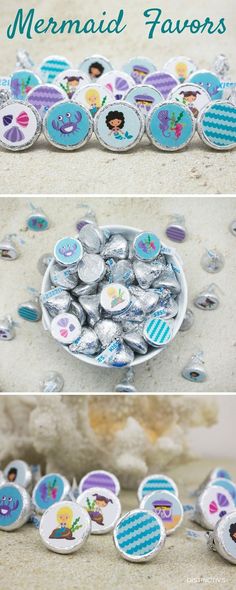 Creative idea to make simply Mermaid Birthday Party Favor with Hershey Kisses and Stickers. Under The Sea Birthday Party, Mermaid Party Favors, Fiesta Tropical