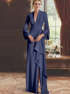 Fabric:
Stretch Satin


Silhouette:

 Sheath/Column



Neckline:
V-Neck


Hemline/Train:
Floor-Length


Embellishment:
Split Side


Sleeve:
Long Sleeves


Shown Color:
As Pic Dresses With Split, Stretch Satin, Bride Dresses, Mother Of The Bride Dresses, Bride Dress, Mother Of The Bride, Floor Length, The Bride, Split