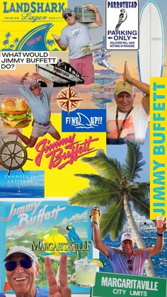 a collage of various images with the names of different places in them, including palm trees and water sports