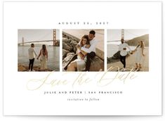 the save the date photo card is shown with three photos in gold foil and white