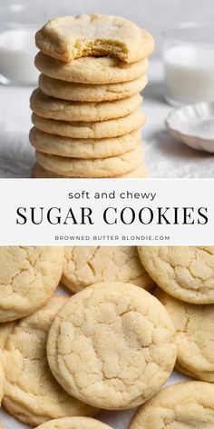 soft and chewy sugar cookies stacked on top of each other with the title above it