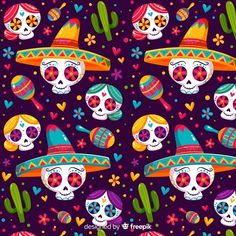 colorful skulls wearing sombreros and hats on purple background with hearts, flowers and cacti